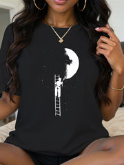 Women's Casual Pattern T-Shirt Climbing Ladder Moon Print Round Neck