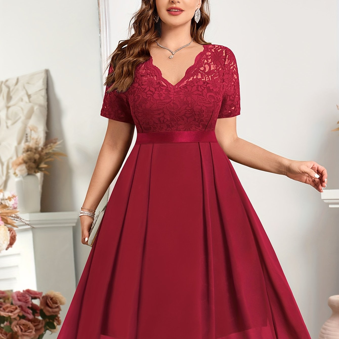 Plus Size Lace V-Neck Chiffon Dress for Women Short Sleeve Green