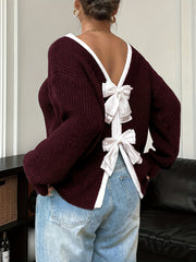 Suéter verde de talla grande para mujer con lazo blanco de manga larga y cuello redondo