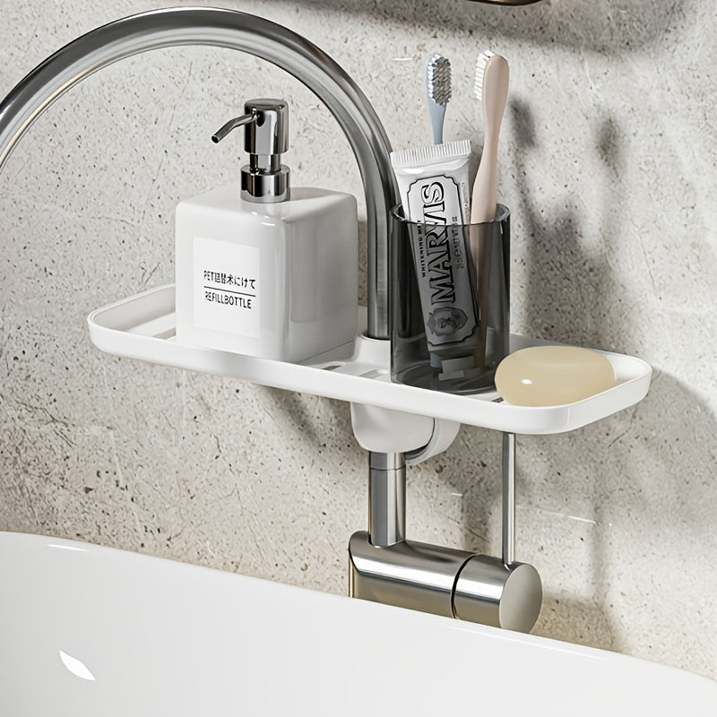 Contemporary Plastic Over-the-Sink Kitchen Faucet Caddy Organizer with Shelf and Hooks