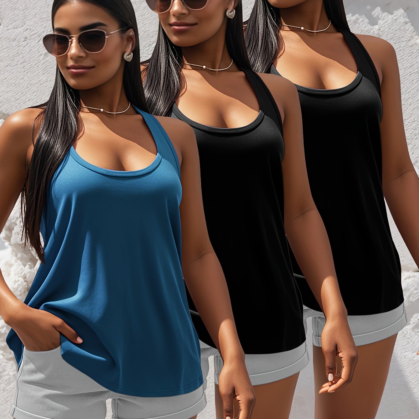 Set of 3 Women's Cotton Plain Tank Tops Basic Sleeveless Shirts