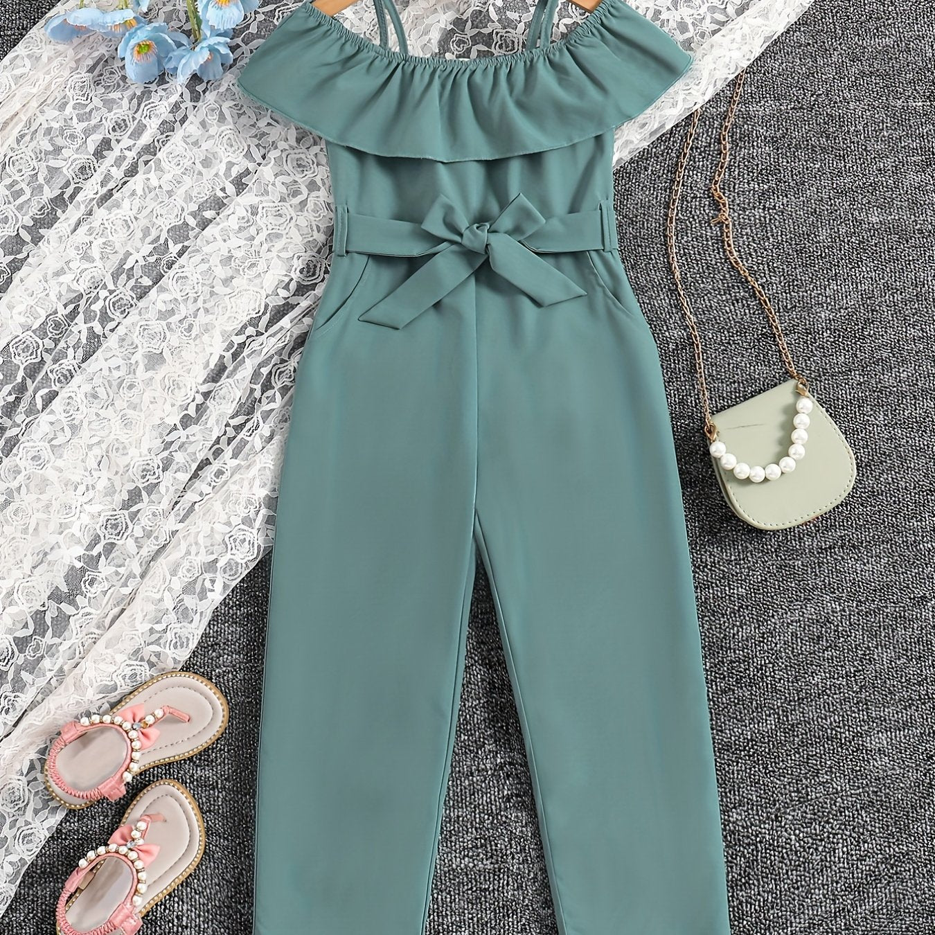 Девочки Рюфель Ками Комбинезон Открытые плечи Пояс Лето Весна Осень Детский Тканый Полиэстер