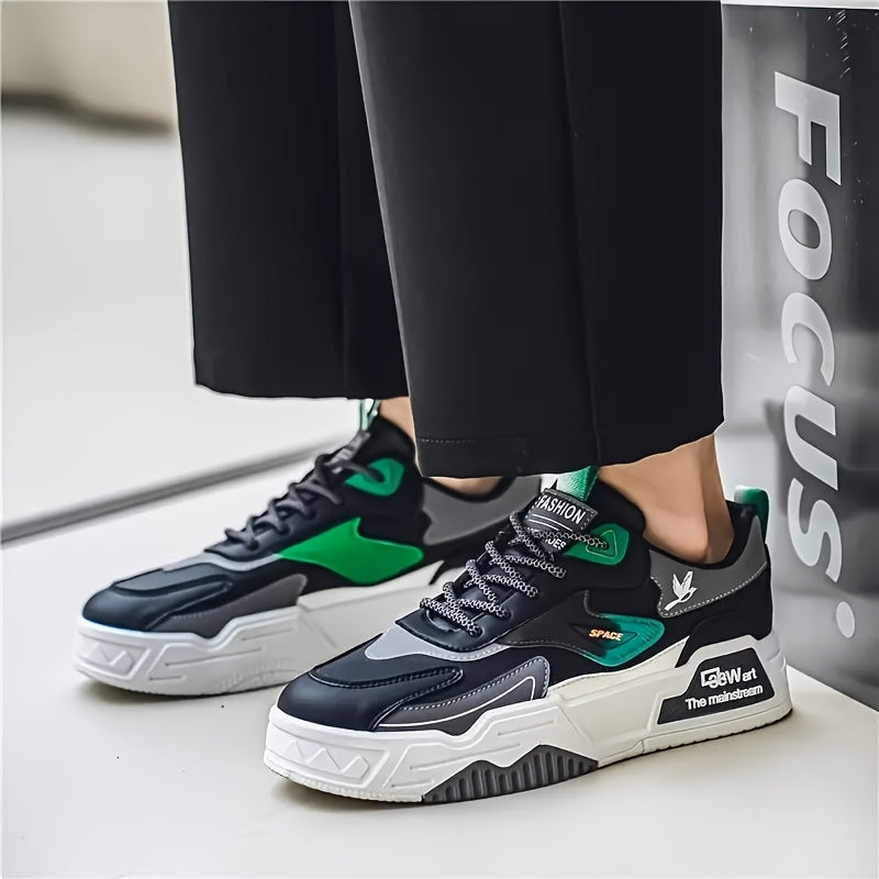 Men's Casual Sneakers with Thick Soles, Lace-Up, All-Season, Low Top, PU Upper