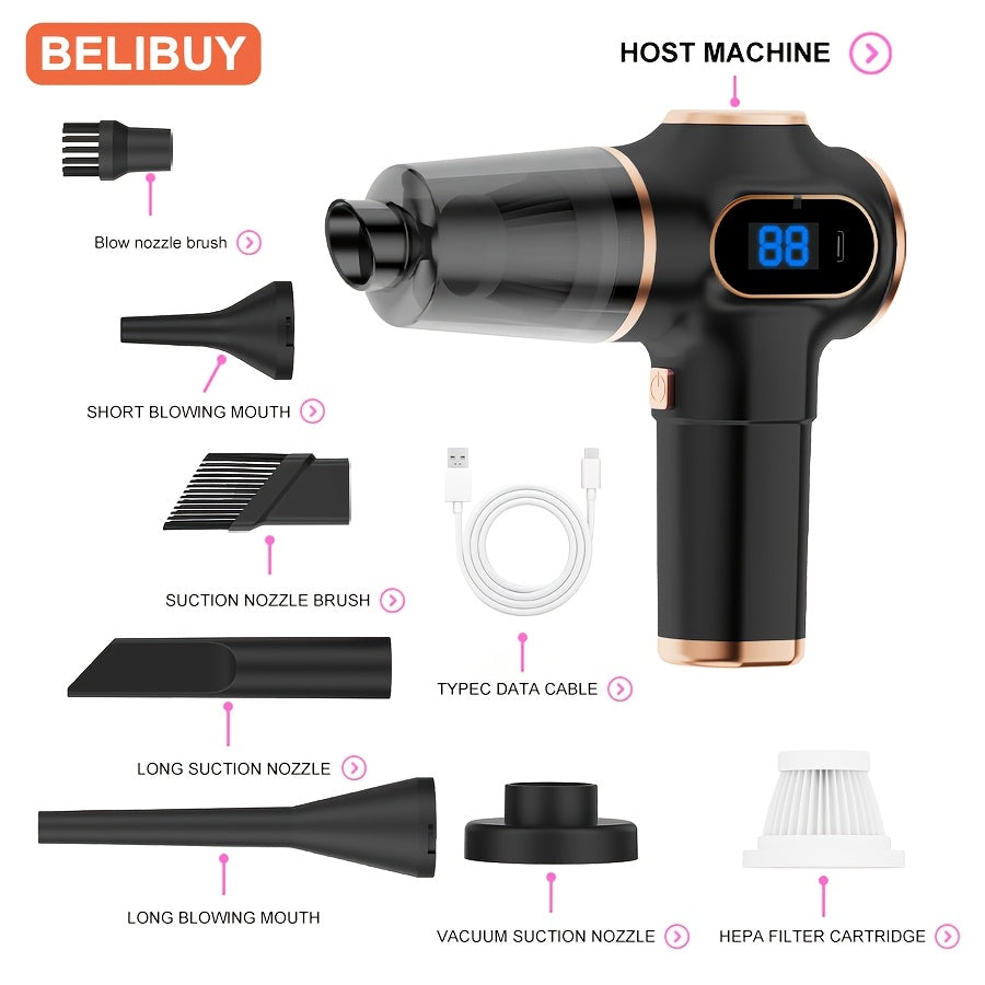 Aspiradora portátil para coche con succión y soplado 2 en 1, recargable con batería de litio