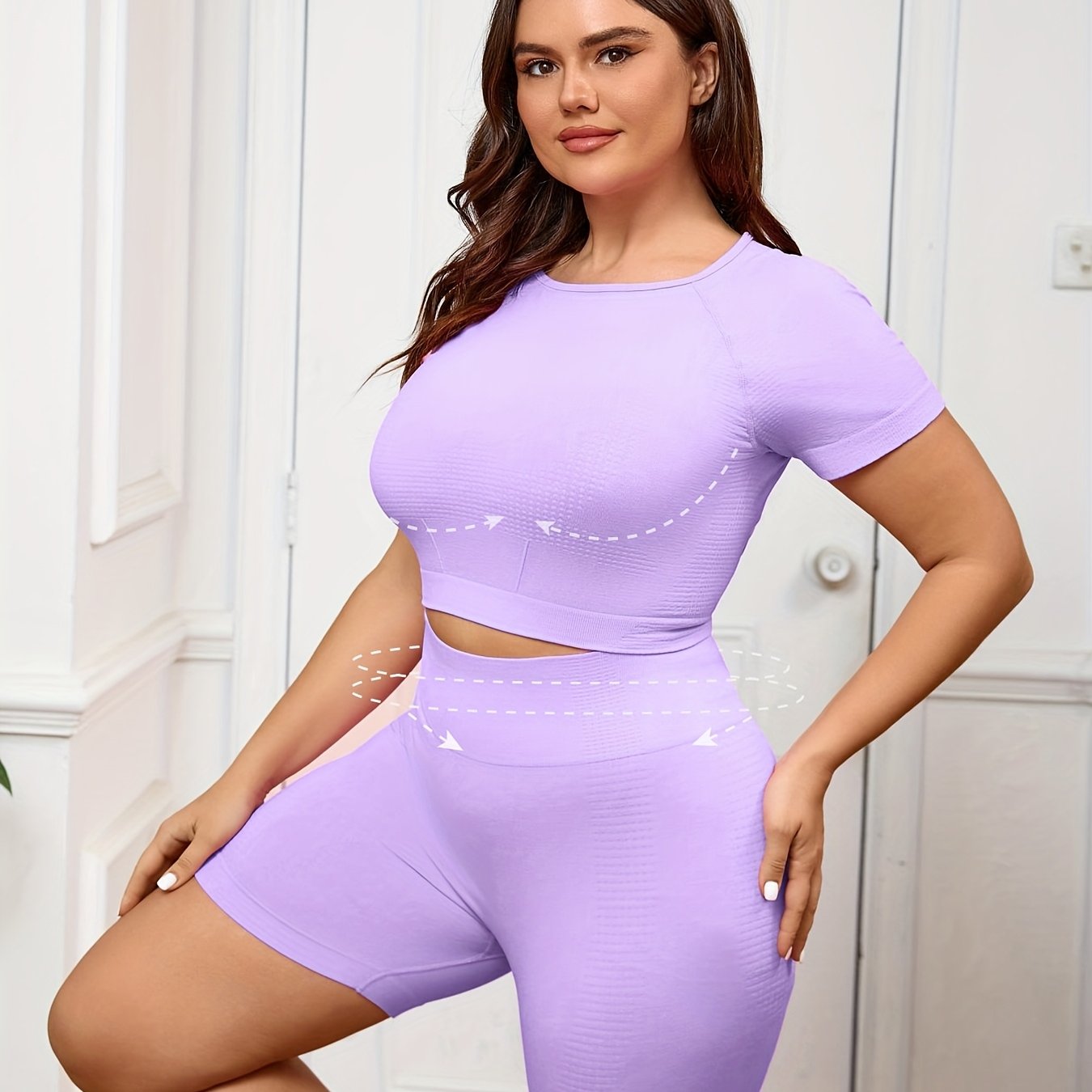 Plus Size Women's Seamless Nylon Yoga Set Short Sleeve T-Shirt and Tight Shorts