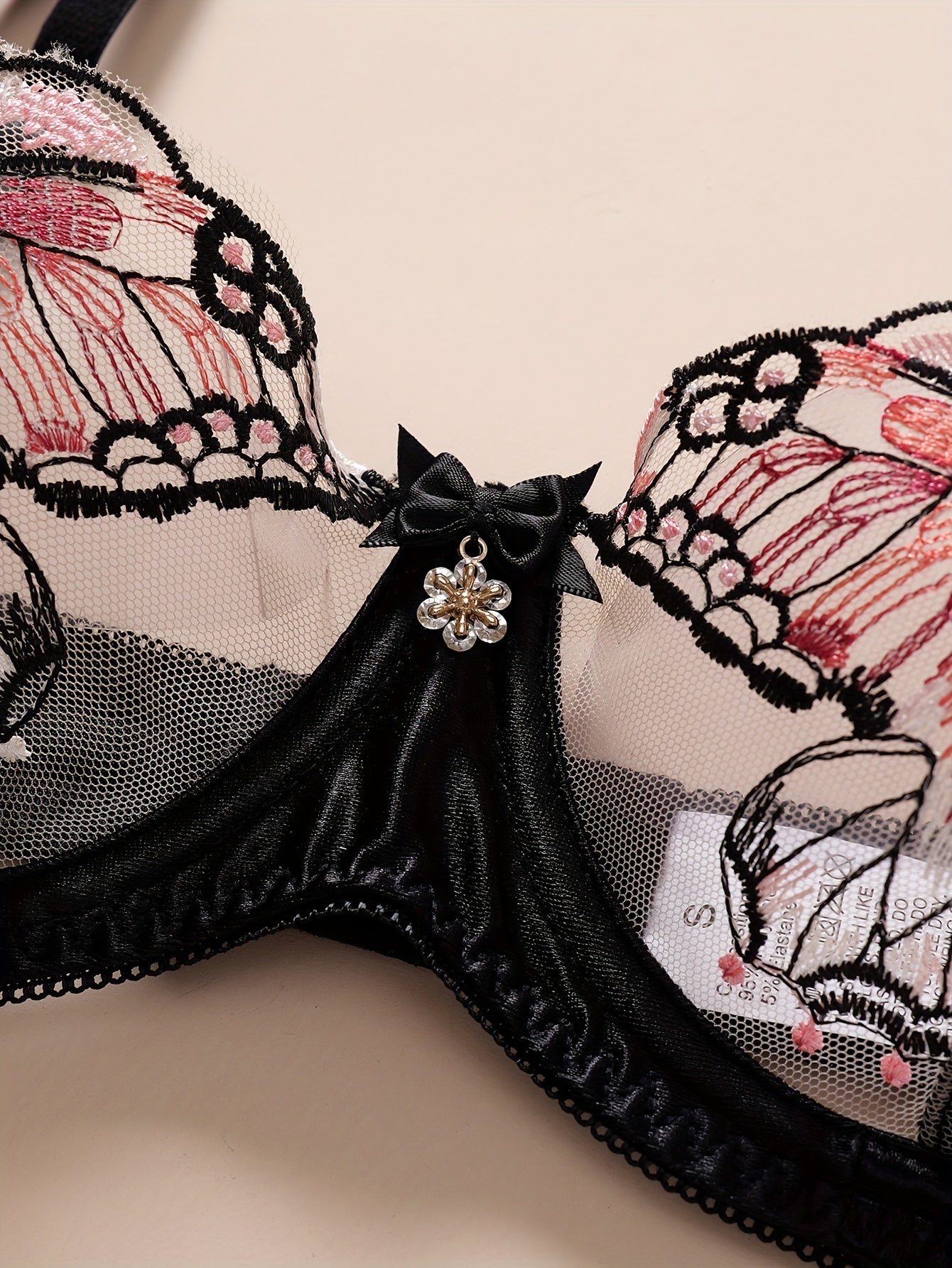 Women's Butterfly Lingerie Set with Sheer Mesh Embroidered Underwire Bra and Thong