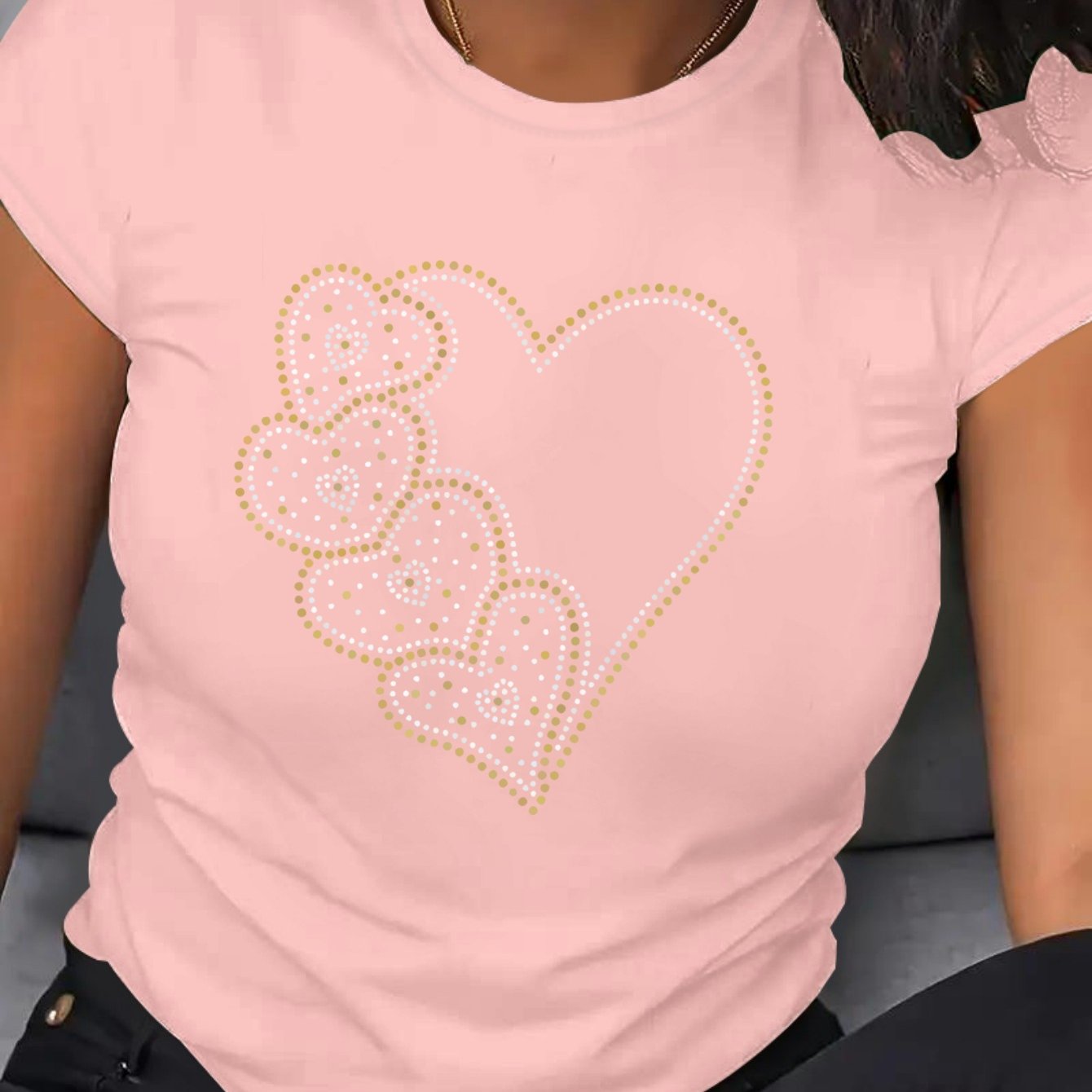 Plus Size Women's Casual T-Shirt with Rhinestone Heart Short Sleeve Beige