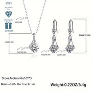 Gipoallergen yuqori sifatli 925 sterling kumush zargarlik to'plami, 1 ta Moissanite marjon (har biri 1 karat, jami 3 dona) va 2 ta Moissanite quloq bilaguzuklari (har biri 1 karat). Sertifikat va sovg'a qutisi bilan birga keladi.