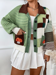 Women's Patchwork Striped Cardigan Polyester Knit Fabric Fall Winter Coat