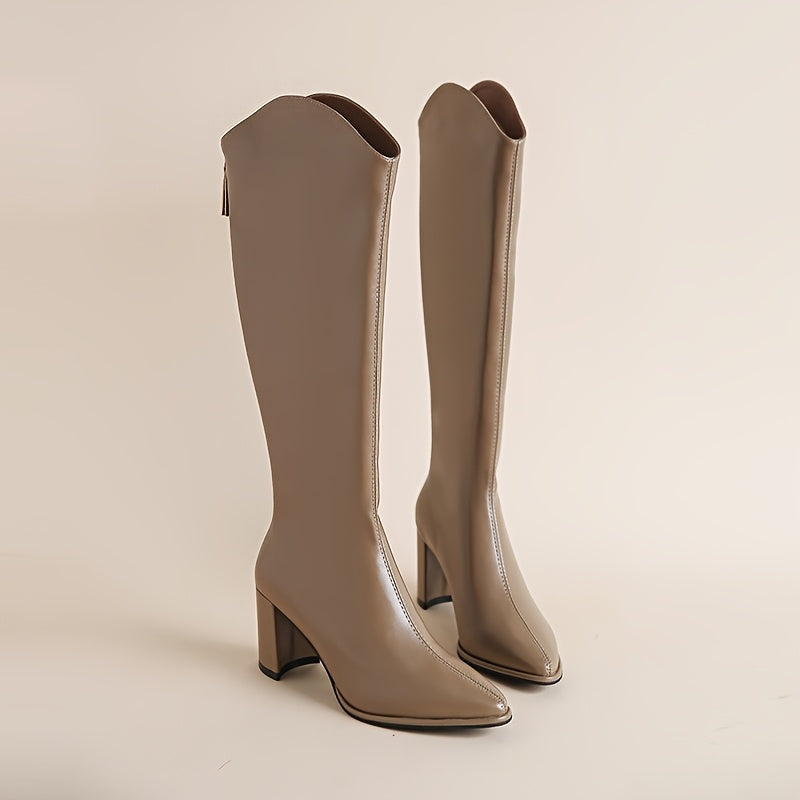 Women Mid-Calf Leather Pointed Toe Boots with Zipper Block Heel