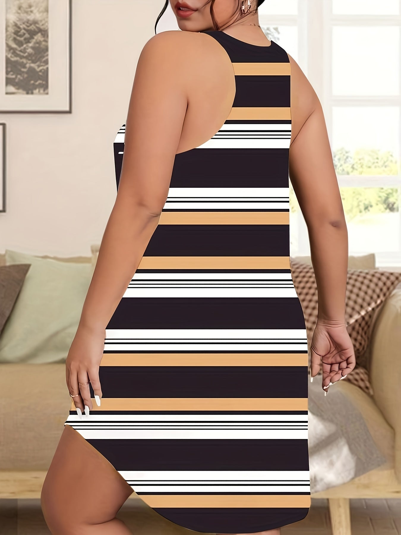 Plus Size Sleeveless Tank Dress Casual Summer Striped Pattern Black White Brown