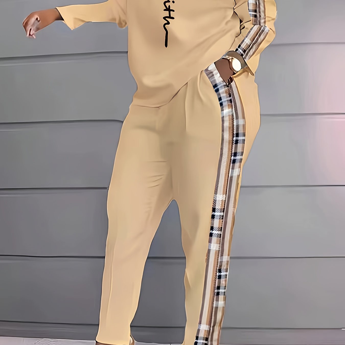 Women's Plaid Print Spandex Knit Jumpsuit with Crew Neck Pockets for Fall Winter