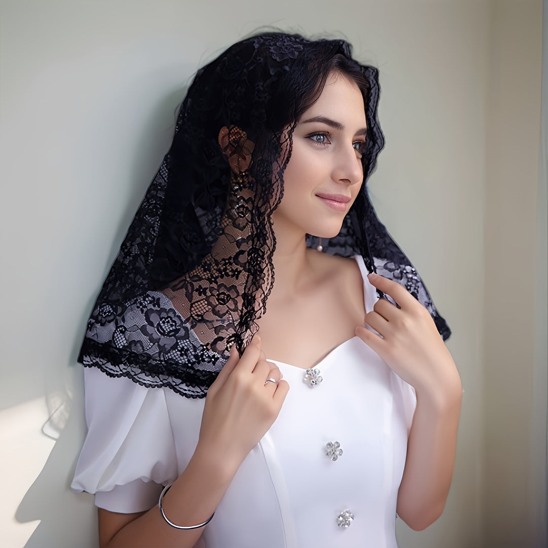 White Lace Chapel Veil for Women Embroidered Mantilla Head Covering Wedding Accessory