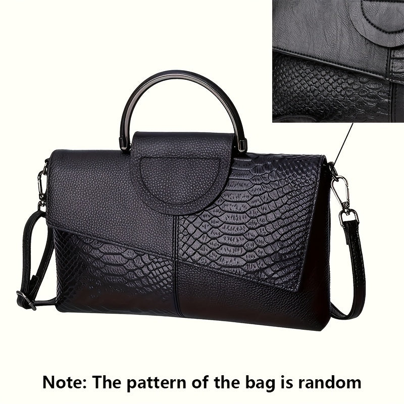 Crocodile Pattern Faux Leather Handbag for Work and Shopping Black