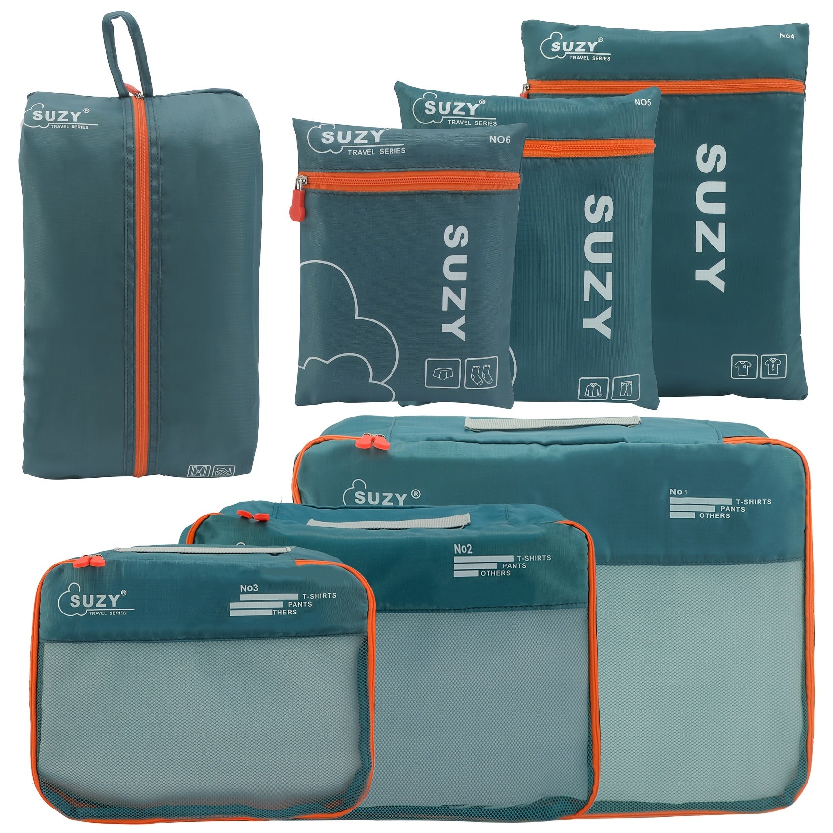 7-Piece Navy Blue Polyester Packing Cubes with Orange Accents for Travel Luggage Storage