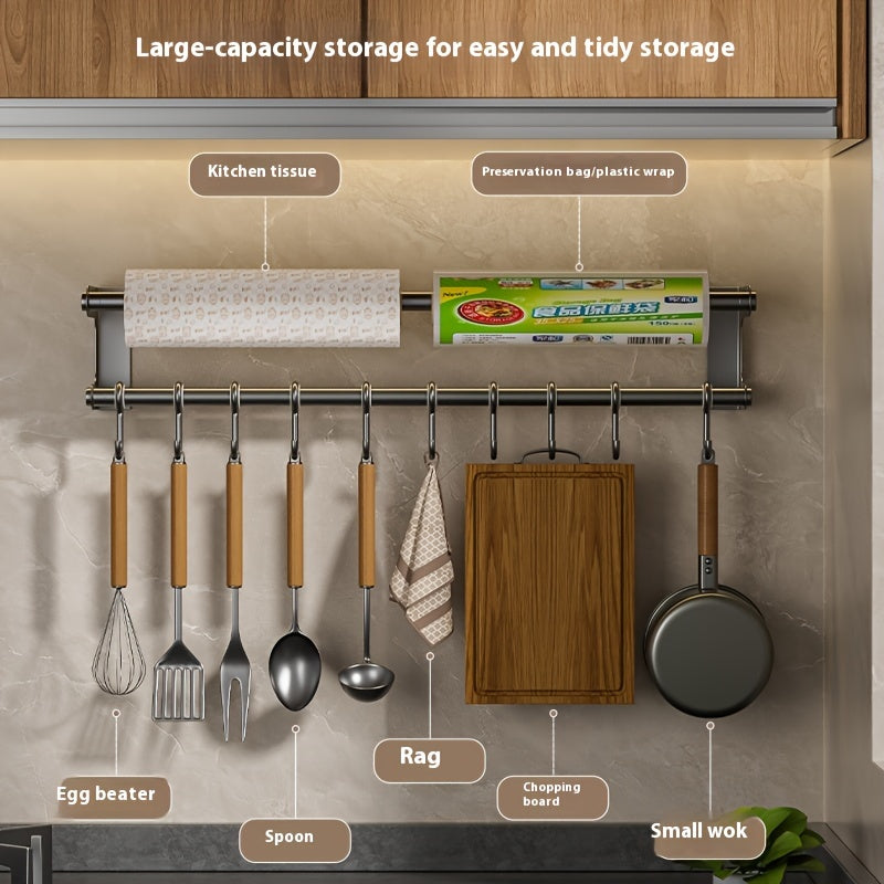 Stainless Steel Wall-Mounted Kitchen Organizer with Tissue Holder and Hooks