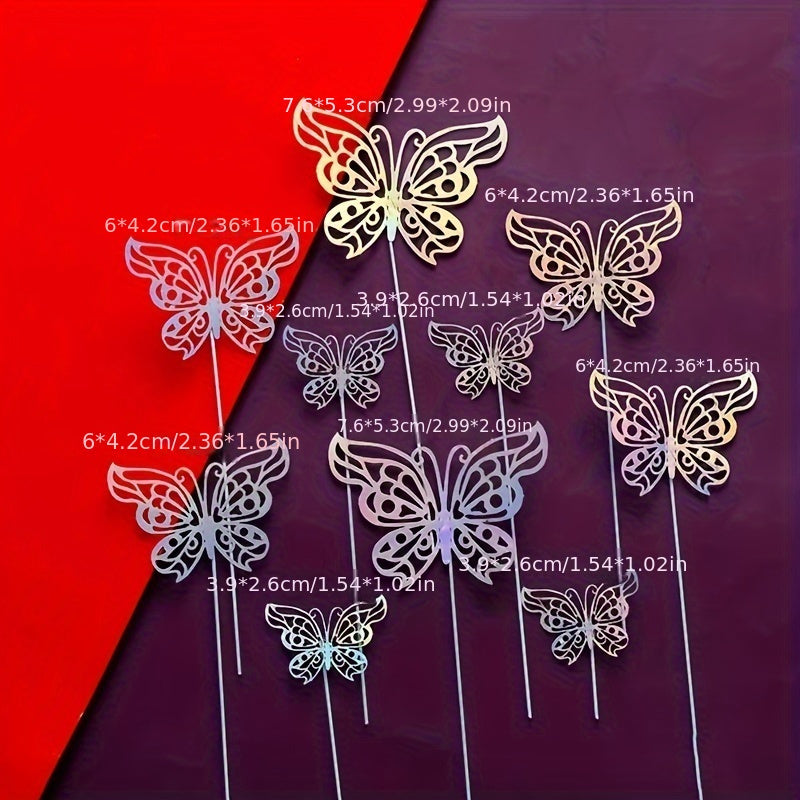 Set of 10 Gold and Silver Butterfly Cake Toppers Hollow Wall Stickers 3D Decorations