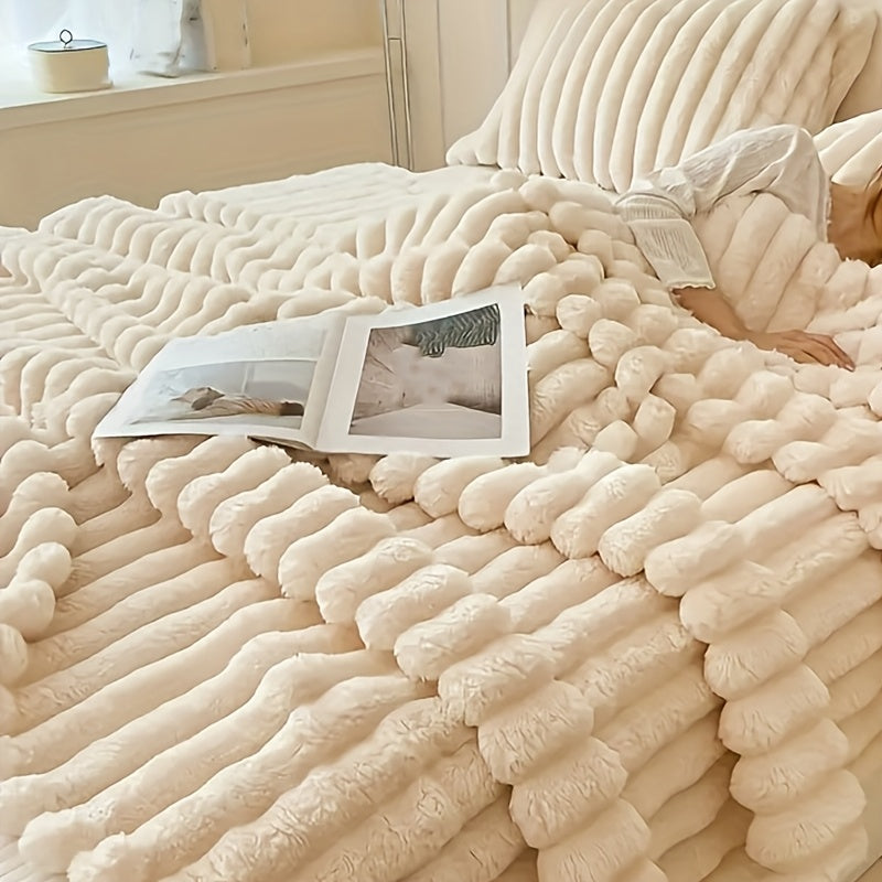 Striped Faux Fur Throw Blanket Cozy Plush for Couch Bed Travel All-Season