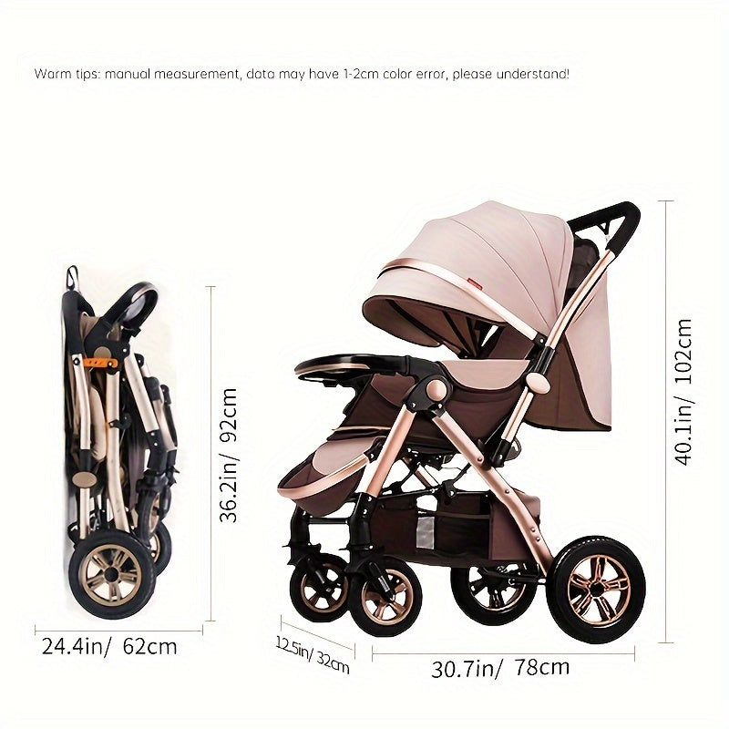 Kids Stroller Khaki and Brown Striped with High Carbon Steel Frame One-Hand Fold Front-Facing