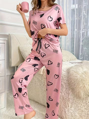 Women's Valentine's Day Pajama Set Heart Letter Print Short Sleeve Top Elastic Pants Sleepwear Loungewear