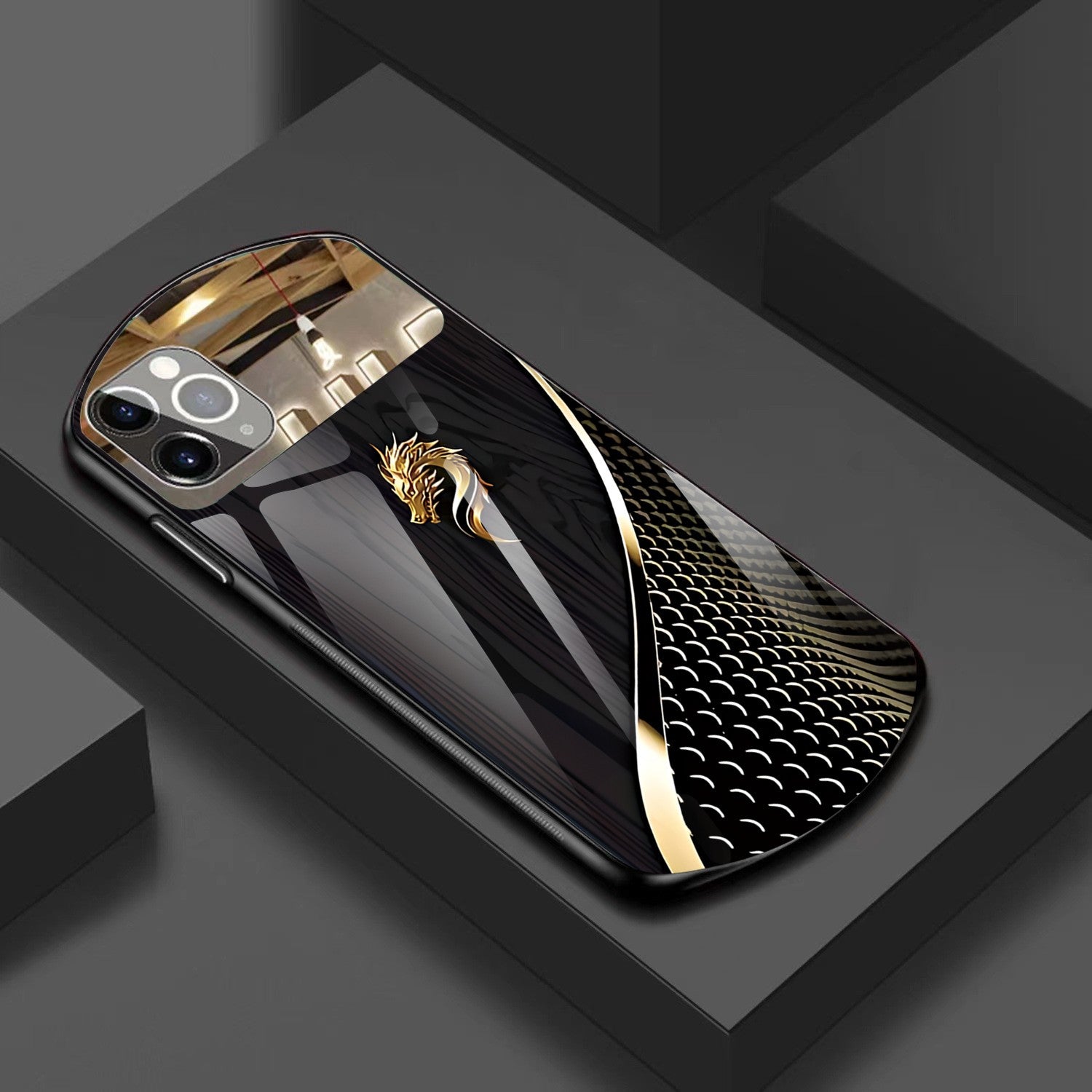 Luxury Golden Dragon Faux Wood Grain Oval Glass Phone Case for iPhone 11 Pro Max and Later Models