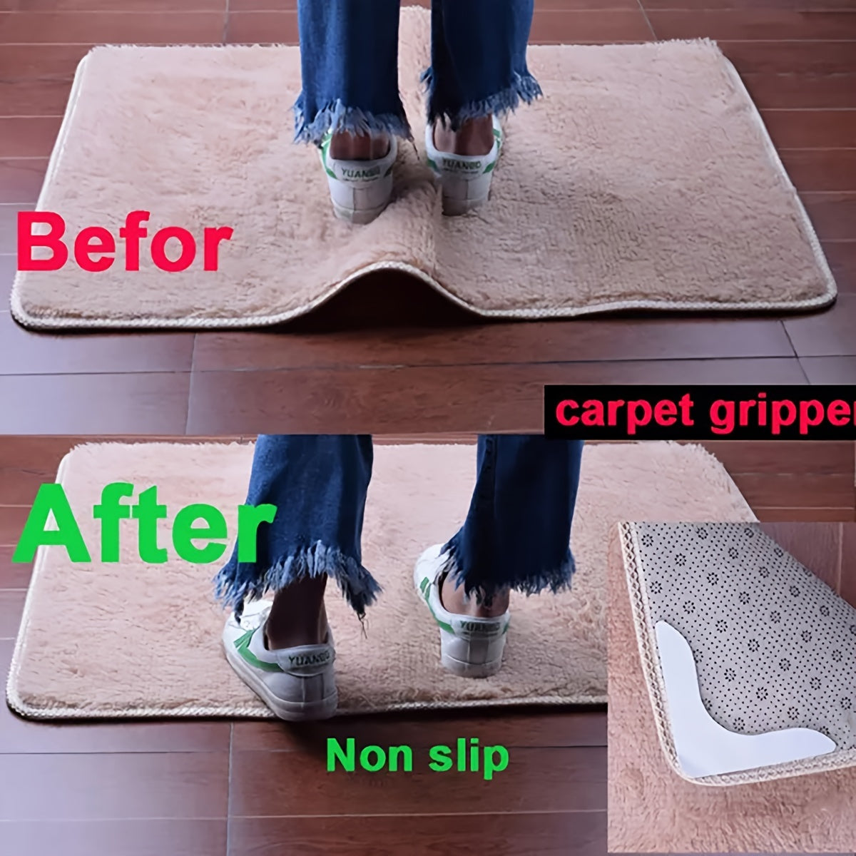 Agarre antideslizante reutilizable para alfombras con adhesivo de doble cara, cinta para alfombra lavable y elástica para tapetes de yoga y decoración del hogar
