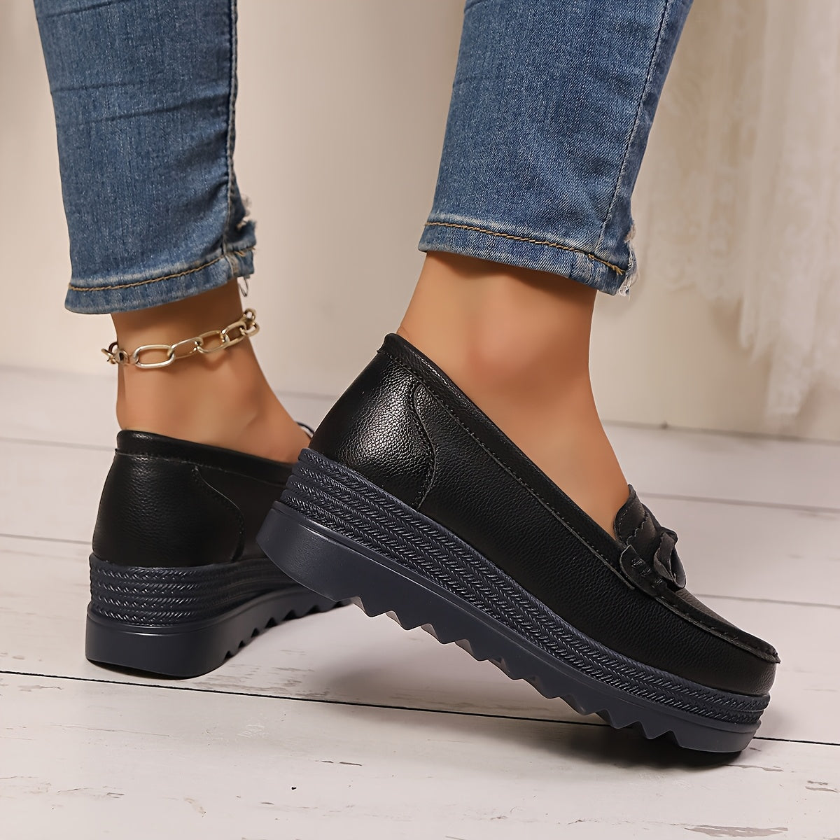 Women's Black Faux Cover Slip-On Loafers with Bow, Lightweight, Comfortable