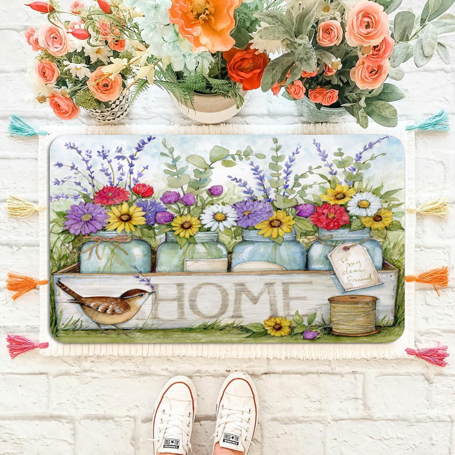 Spring Floral Bird Door Mat, Anti-Fatigue, Machine Washable, Non-Slip, 1.2cm Thick