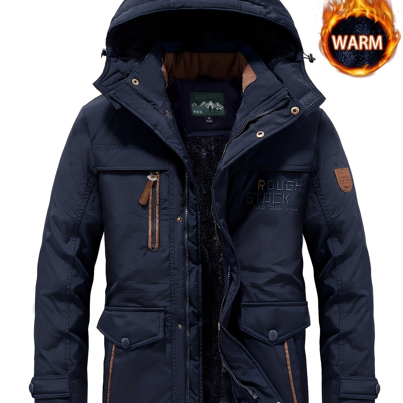 Qalin qish palto, velur astar bilan, ko'p cho'ntakli dizayn, qo'shimcha issiqlik va sovuq qarshilik uchun kapuchonli.