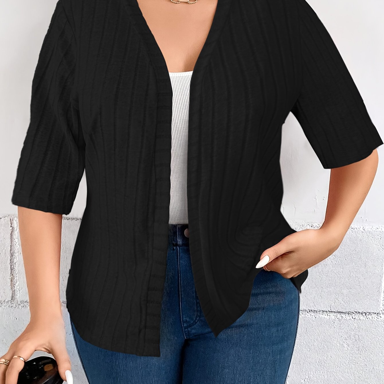 Plus Size Women's Solid Color Open Front Cardigan Fall Spring Knitwear