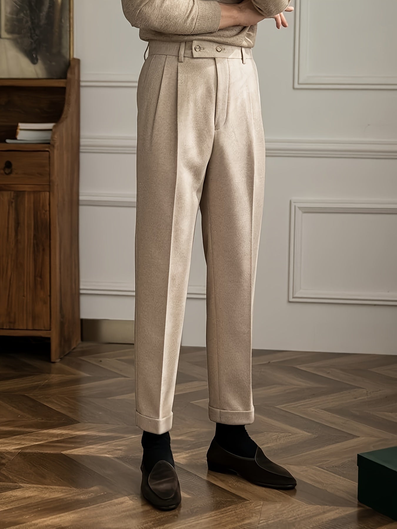 Pantalones de estilo británico de cintura alta para hombre, color sólido, con elastano, para otoño e invierno, trabajo