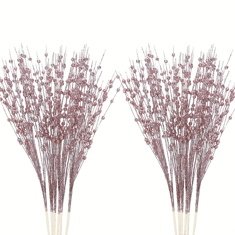 Artificial Glitter Berry Stem Ornaments for Christmas Tree Vase 17 Inches Rose Gold
