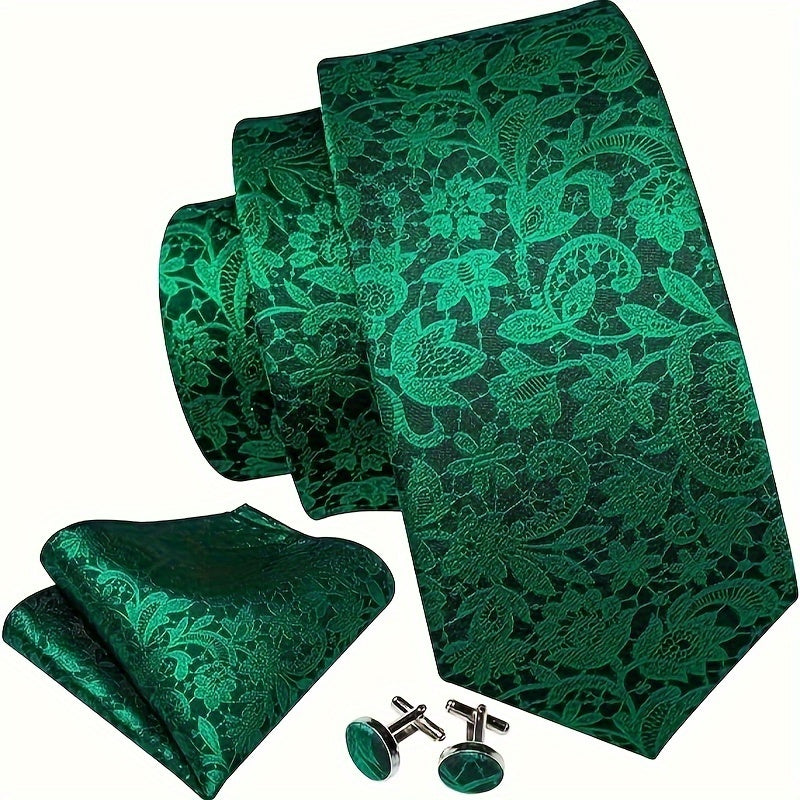 Men's Classic Striped Necktie Set with Handkerchief and Cufflinks for Business Parties