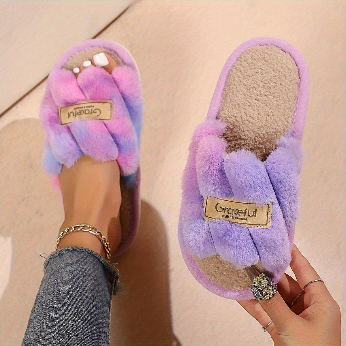 Women's Fluffy Faux Fur Open-Toe House Slippers Soft PVC Sole Indoor Footwear