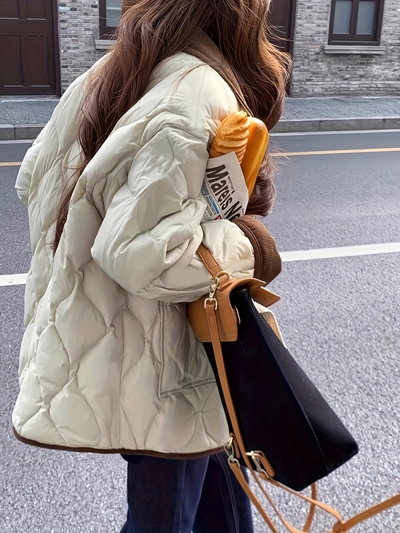 Women's Navy Blue Quilted Jacket with Faux Fur Trim Long Sleeve Winter Outerwear