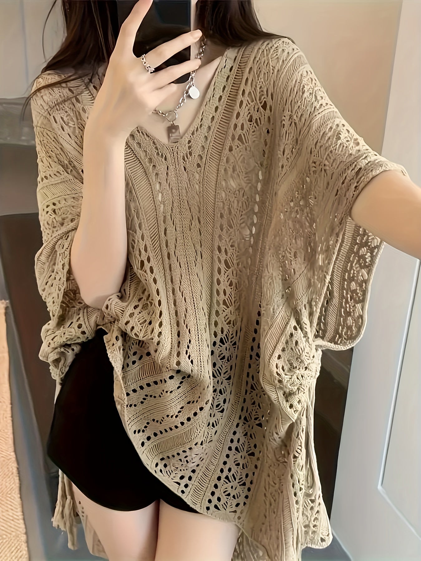 Blusa de punto de talla grande para mujer con manga batwing y escote en V de color sólido