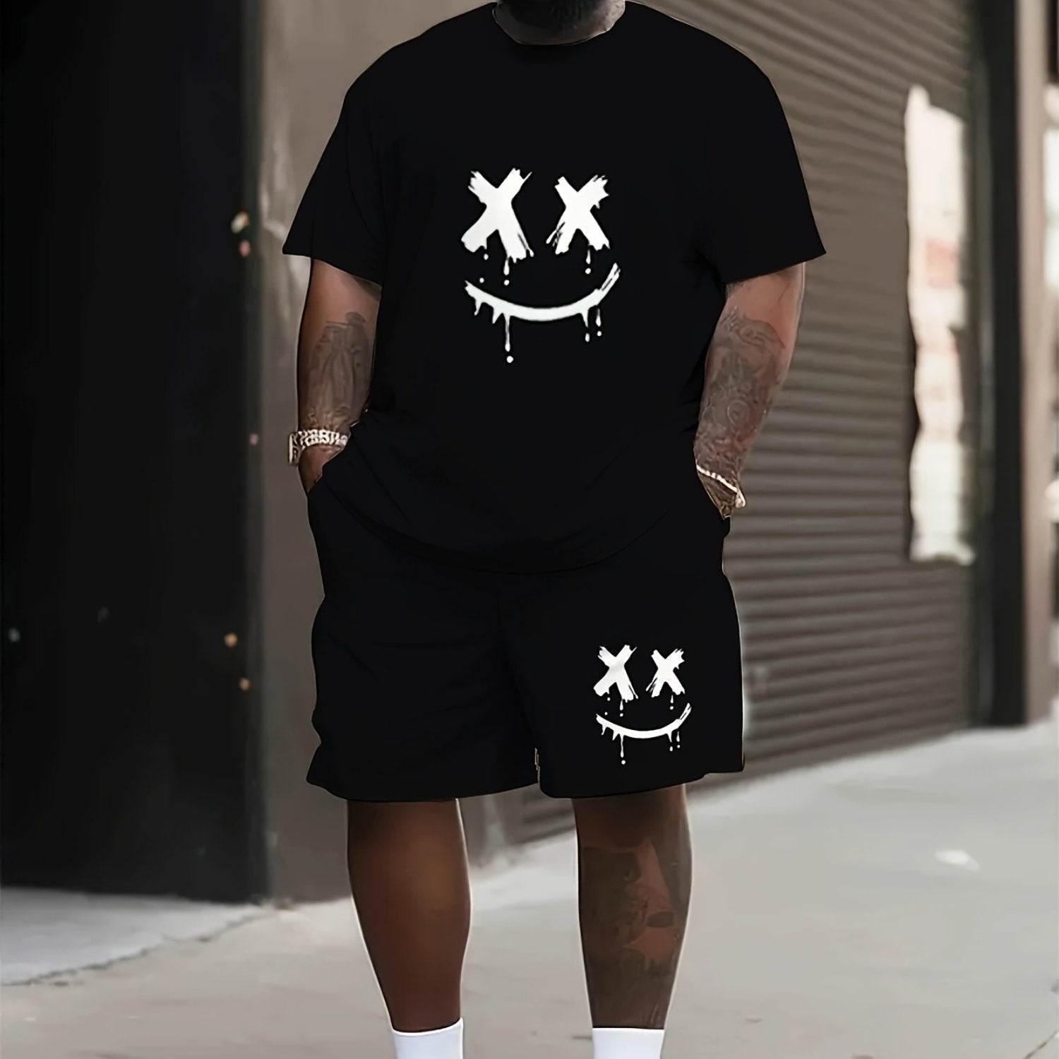 Plus Size Men's T-Shirt and Shorts Set with Smile Face Graphic for Summer Outdoor Sports