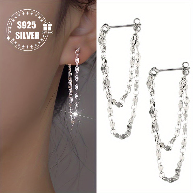 Women's Silver Earrings Double-Layer Lip Chain Tassel Hypoallergenic Jewelry