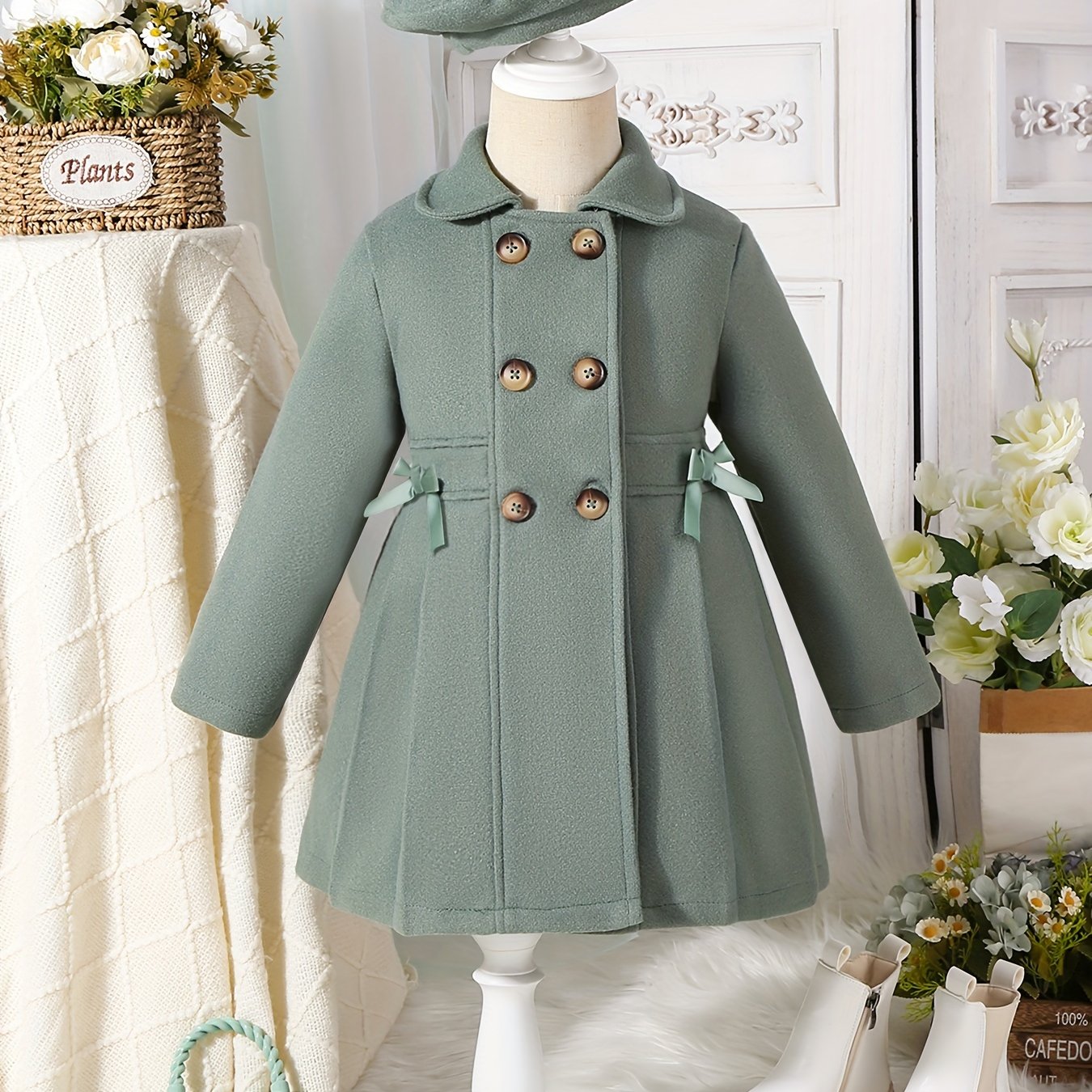 Girls Casual Polyester Trench Coat with Lapel Collar Double-Breasted Bow and Hat