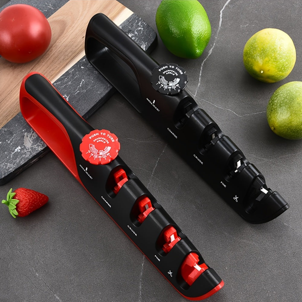 Sozlanadigan 4-in-1 oshxona pichog'i silliqlash mashinasi, 4 bosqichli silliqlash tayoqlari, qora-qizil