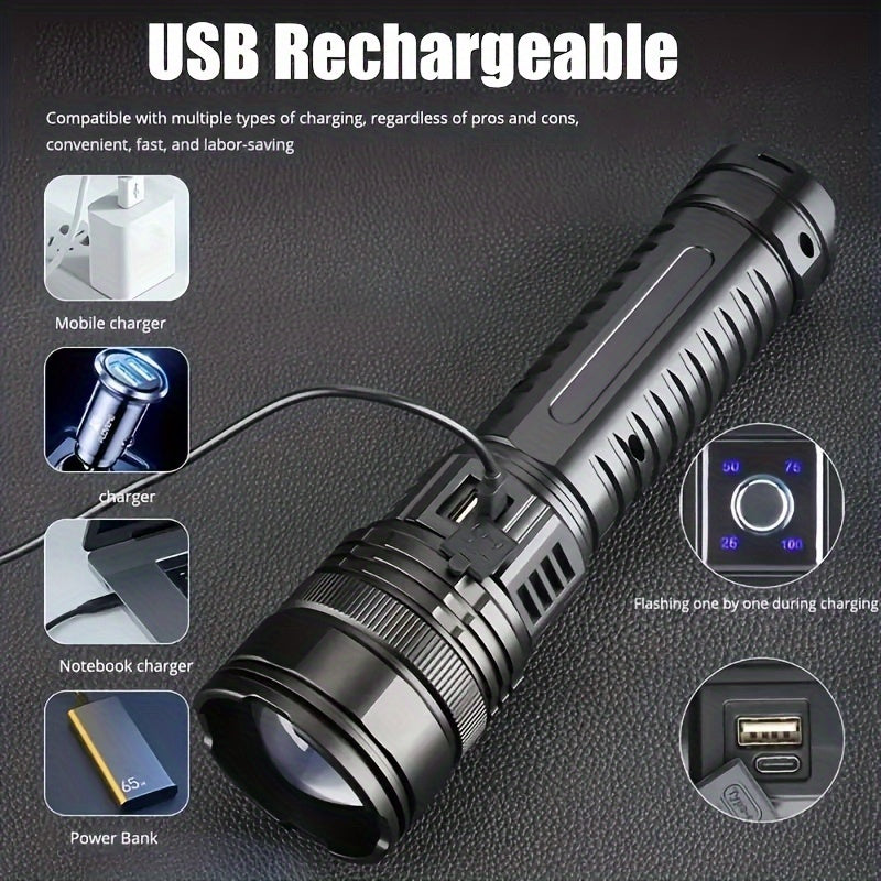 Ultra Bright LED Flashlight with USB Rechargeable Battery and Zoomable COB Tail Light for Camping Hunting Outdoor