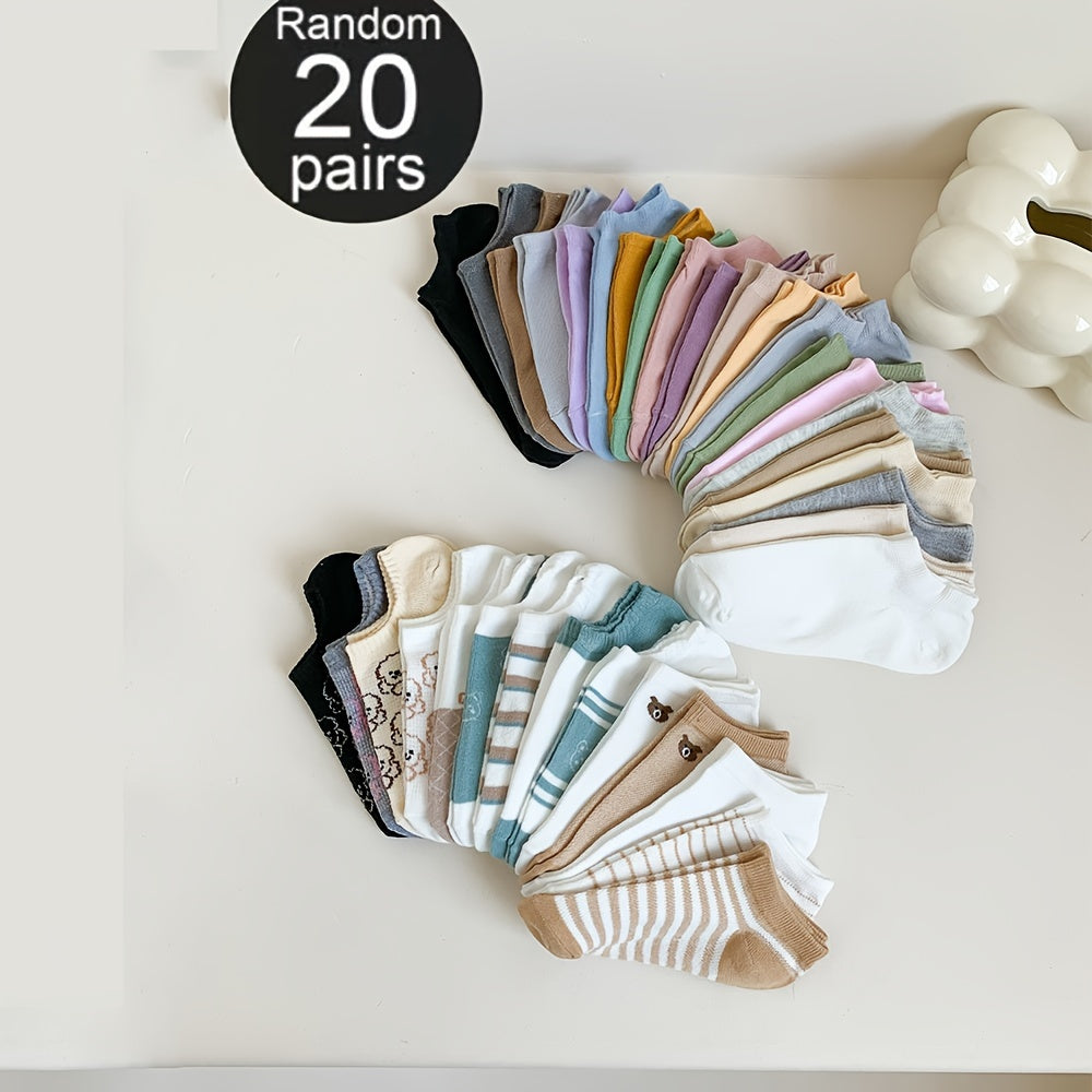 20 Pairs Women's Cartoon Pattern Short Socks Breathable Soft and Comfortable
