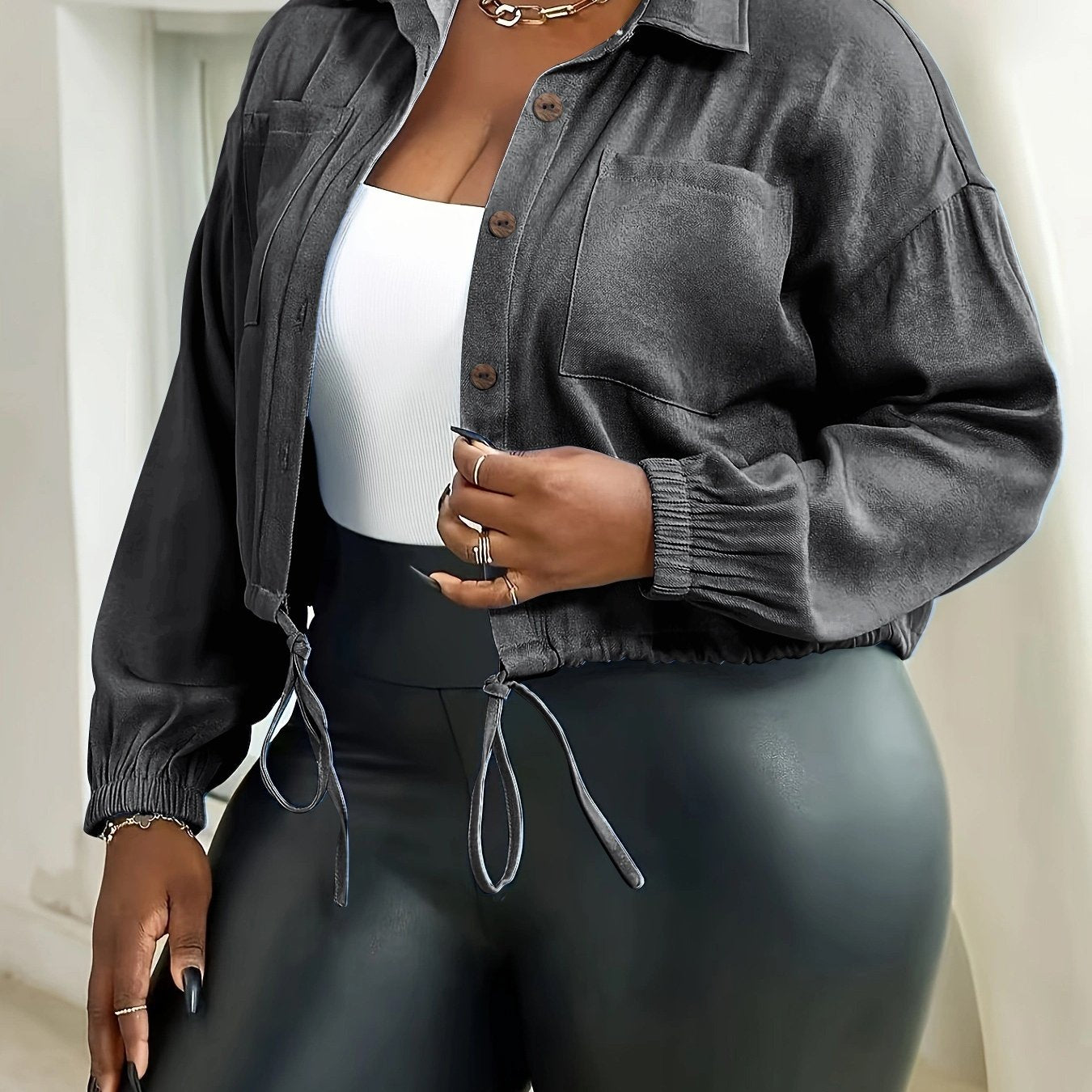 Plus Size Women's Denim Shirt with Drawstring Waist All-Season Casual Top