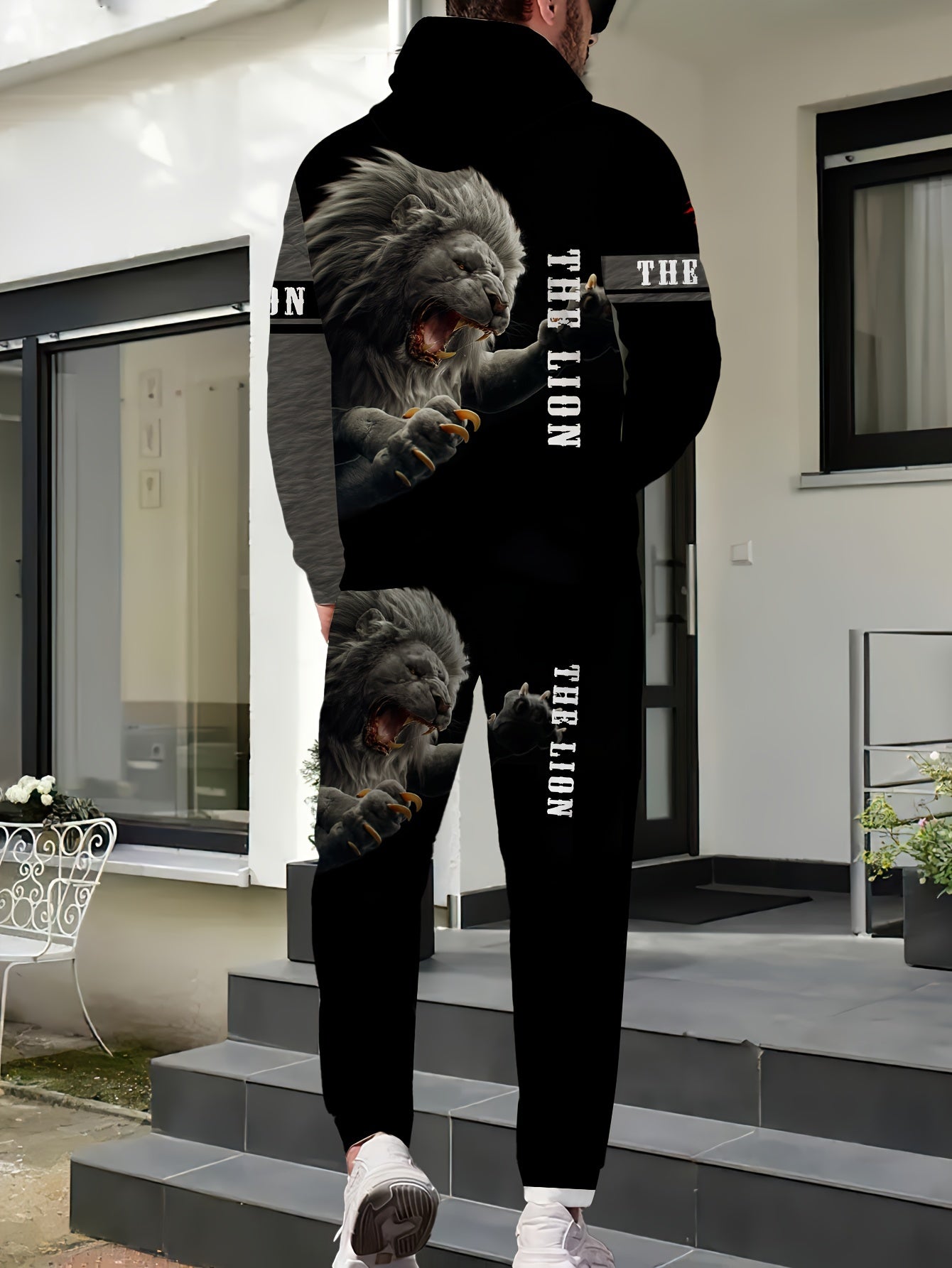 Men's Hoodie and Sweatpants Set with Lion Graphic Polyester Casual Spring Fall