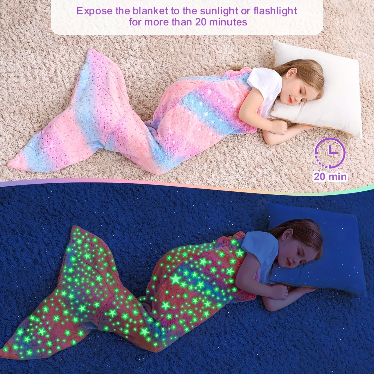 Glow-in-the-Dark Flannel Mermaid Tail Blanket for Girls Teens Adults Plush Cozy Sleepwear