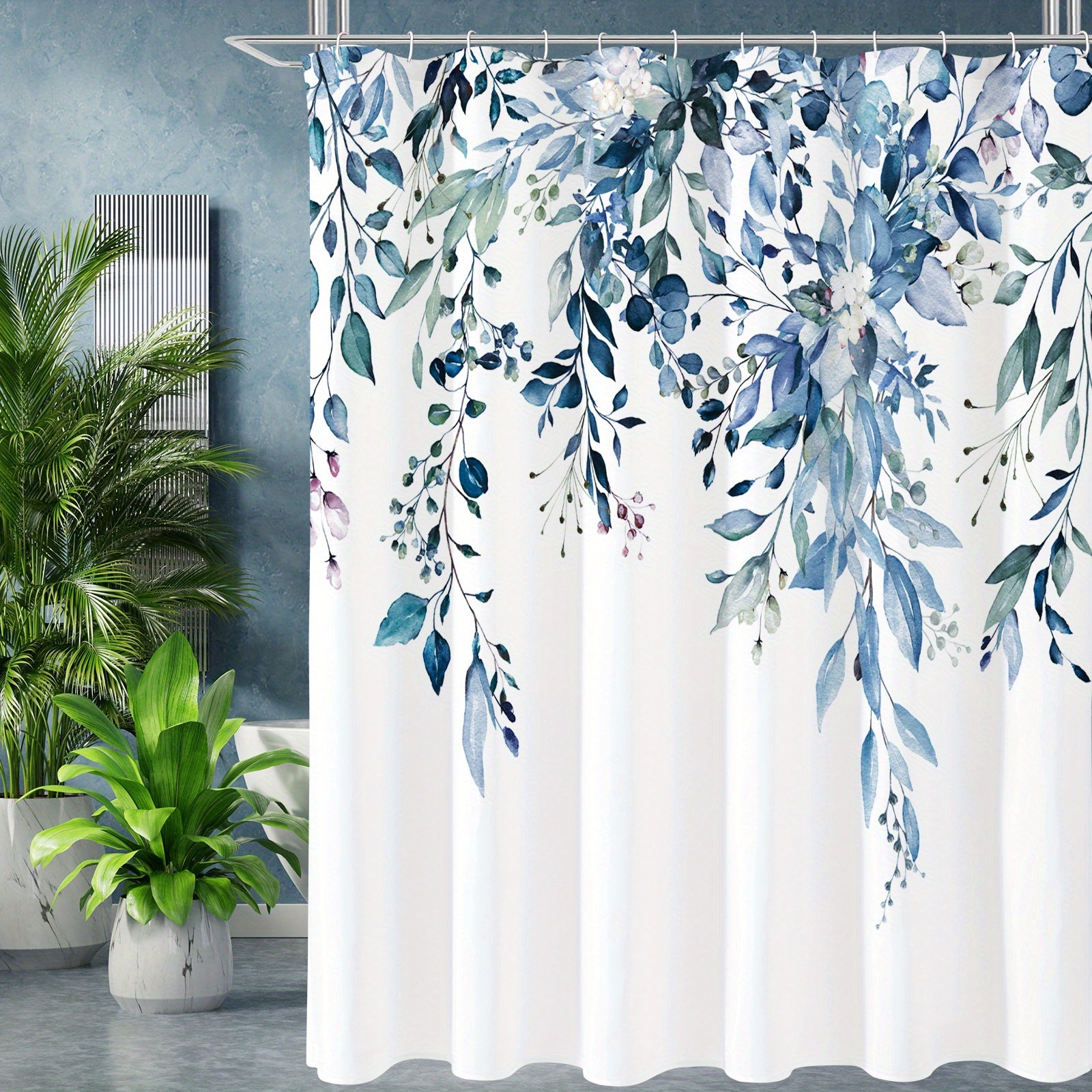 Waterproof Eucalyptus Shower Curtain with Watercolor Plant Leaves Floral Design Includes Hooks