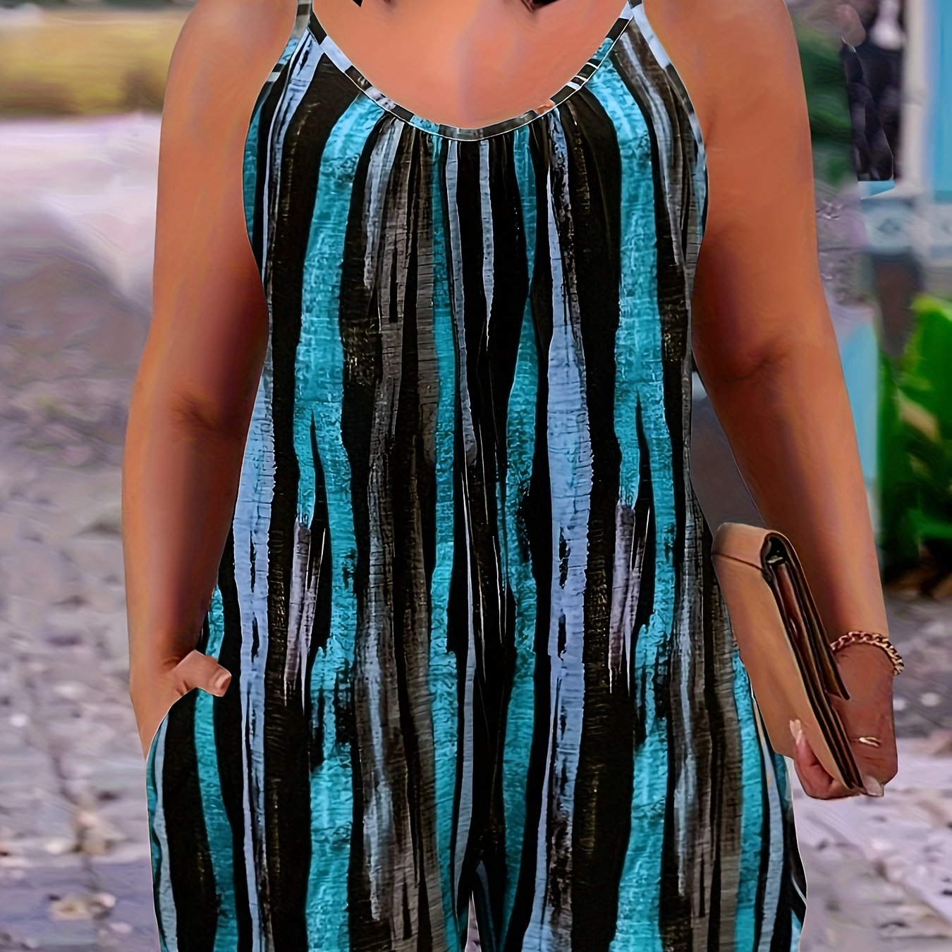 Mono sin mangas de talla grande para mujer con estampado a rayas y bolsillos