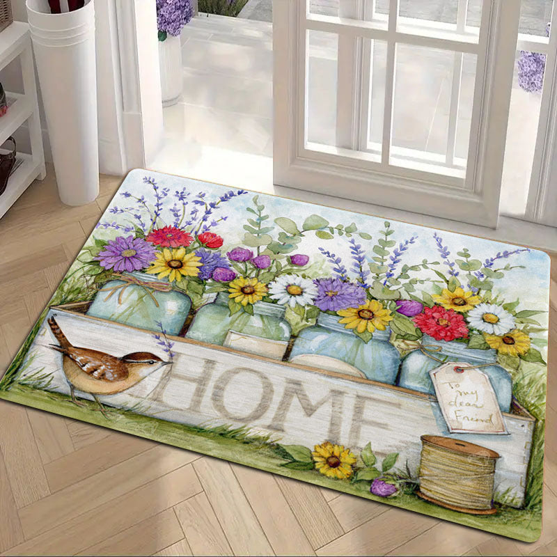 Spring Floral Bird Door Mat, Anti-Fatigue, Machine Washable, Non-Slip, 1.2cm Thick