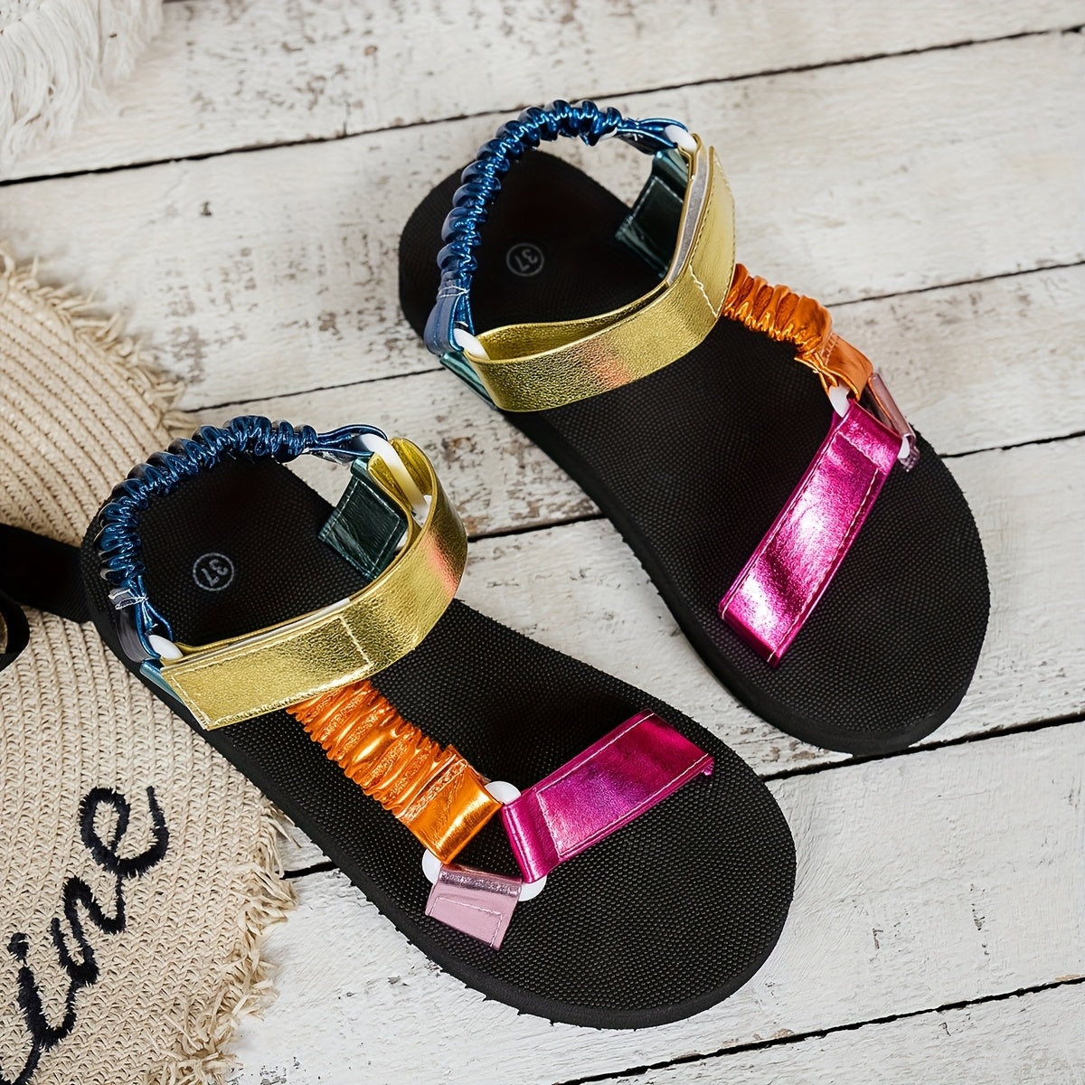 Women's Color Block Summer Sandals Open Toe Ankle Strap EVA Sole