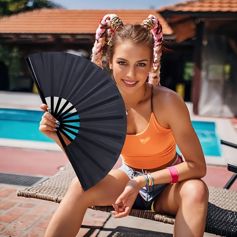 Black Folding Fan Set 2 Pieces Handheld Nylon Cloth Chinese Kung Fu Festival Party Favors